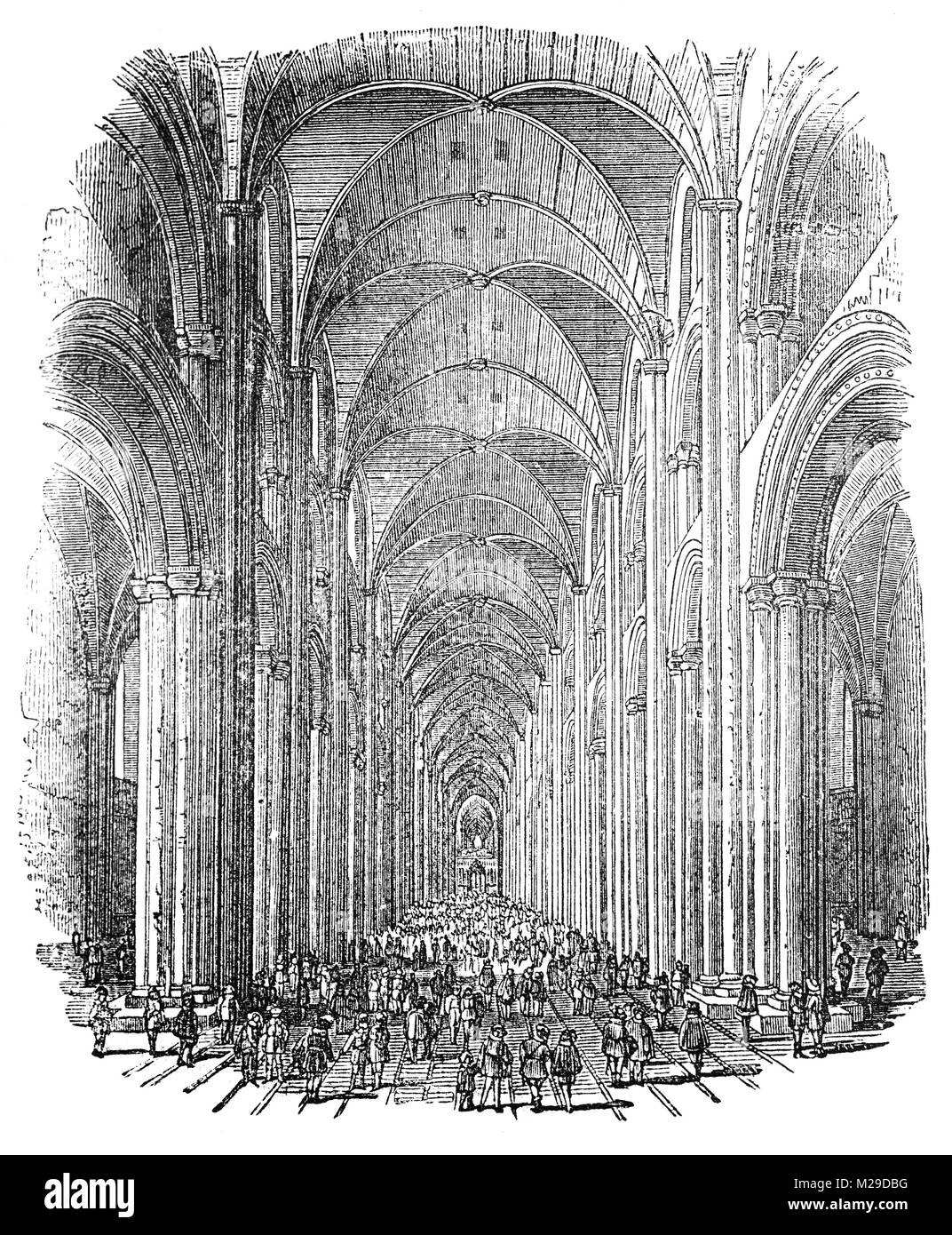 Paul's Walk in Elizabethan and early Stuart London was the middle aisle of the fourth St Paul's, generally referred to as Old St Paul's,  consecrated in 1240, London, England. St. Paul's was the centre of the London grapevine and 'News-mongers', as they were called, gathered there to pass on the latest news and gossip. Those who visited the cathedral to keep up with the news were known as 'Paul's-walkers'. Stock Photo