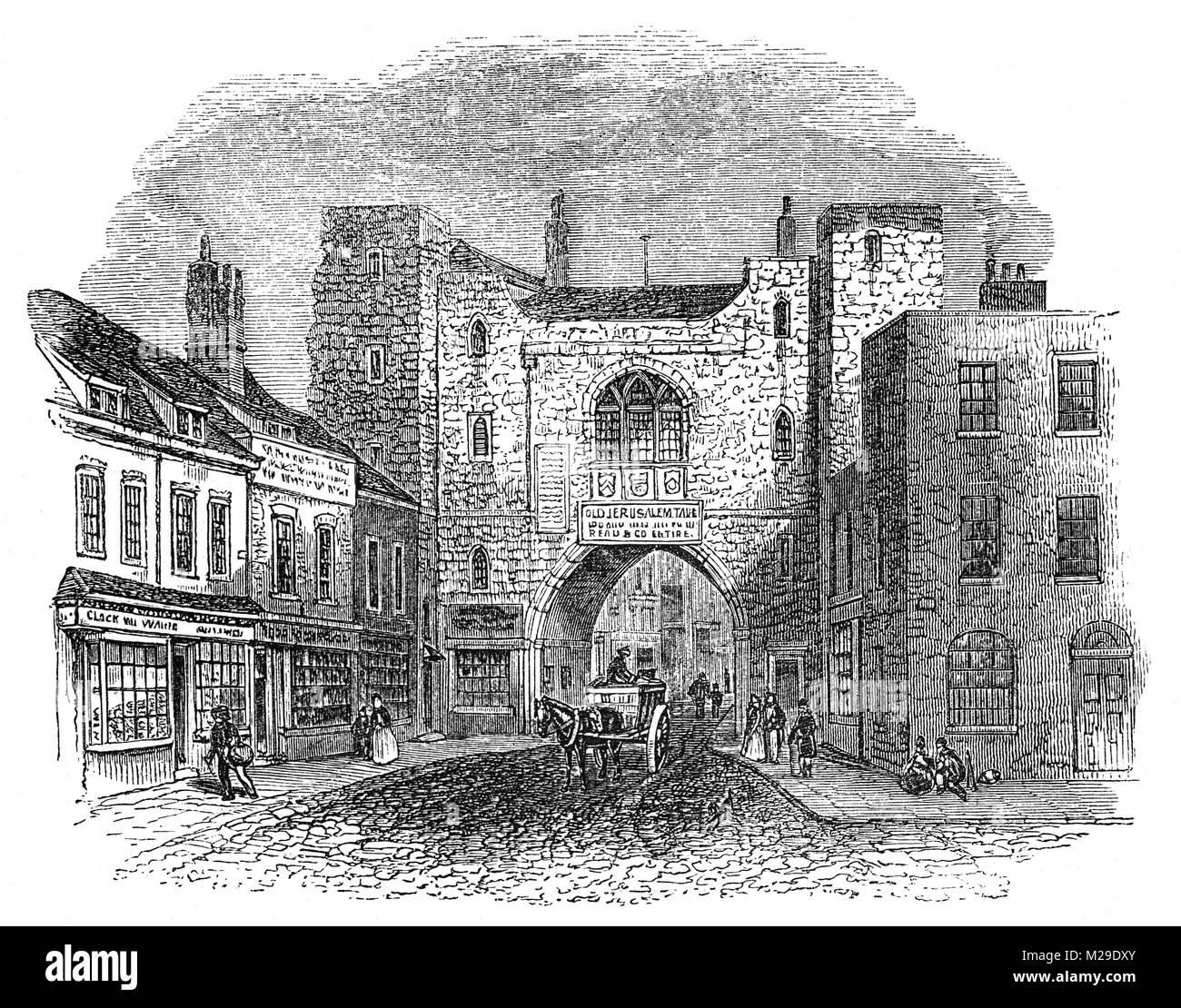 St John's Gate, in the Clerkenwell area of London, is one of the few tangible remains from Clerkenwell's monastic past. It was built in 1504 by Prior Thomas Docwra as the south entrance to the inner precinct of Clerkenwell Priory, the priory of the Knights of Saint John (known as the Knights Hospitaller).  From 1701 to 1709, it was the childhood home of the painter William Hogarth when his father Richard opened a coffee house there, 'Hogarth's Coffee House', offering Latin lessons together with the coffee. Stock Photo