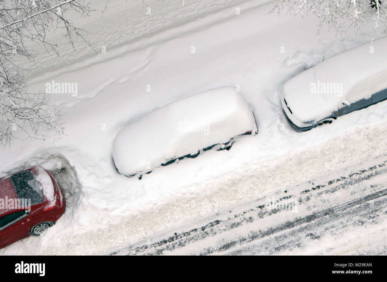 Car in snowdrift. Moscow, Russia after snowfall February 3, 2018 Stock Photo