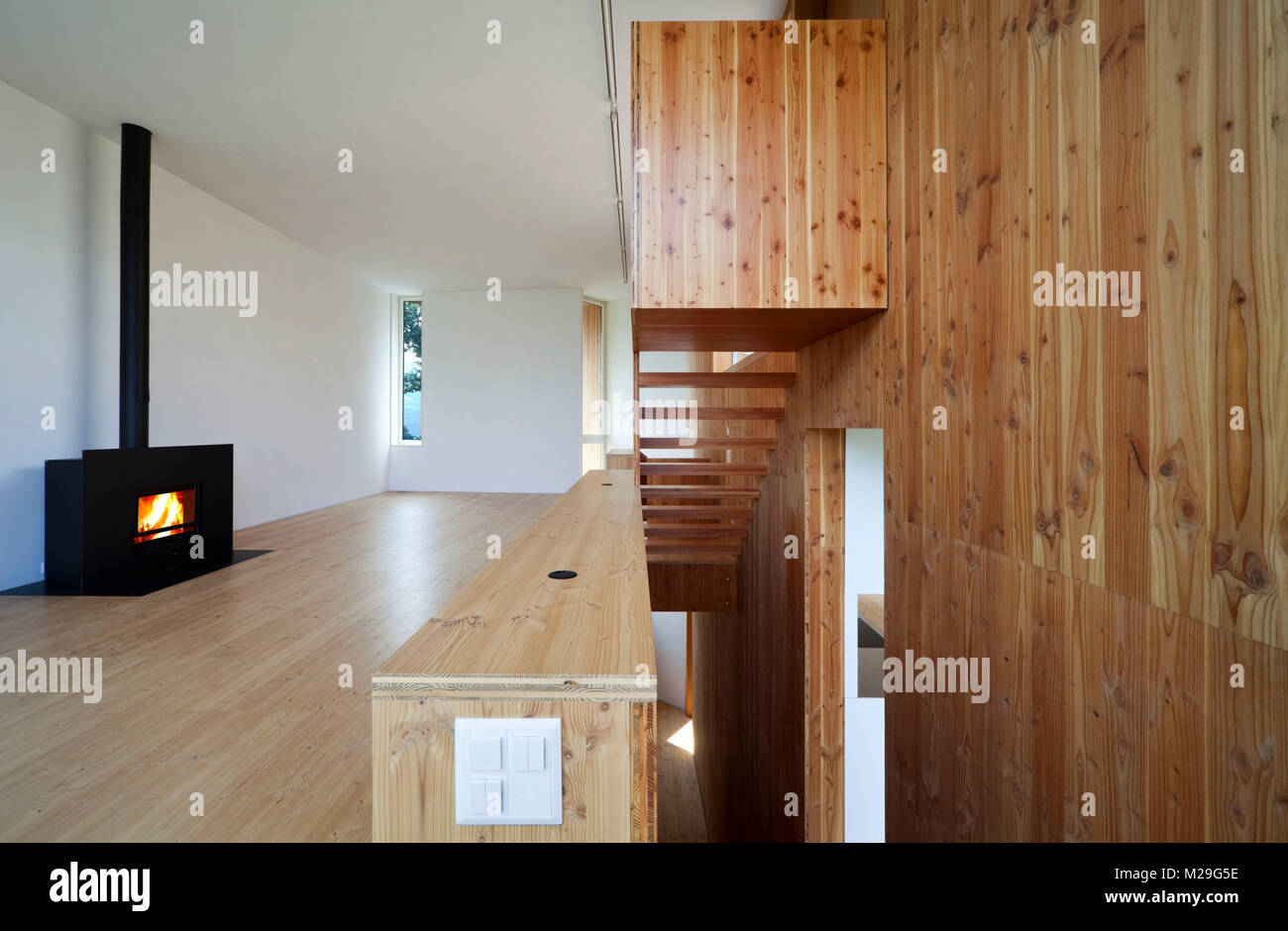 Modern house, wooden living room Stock Photo - Alamy