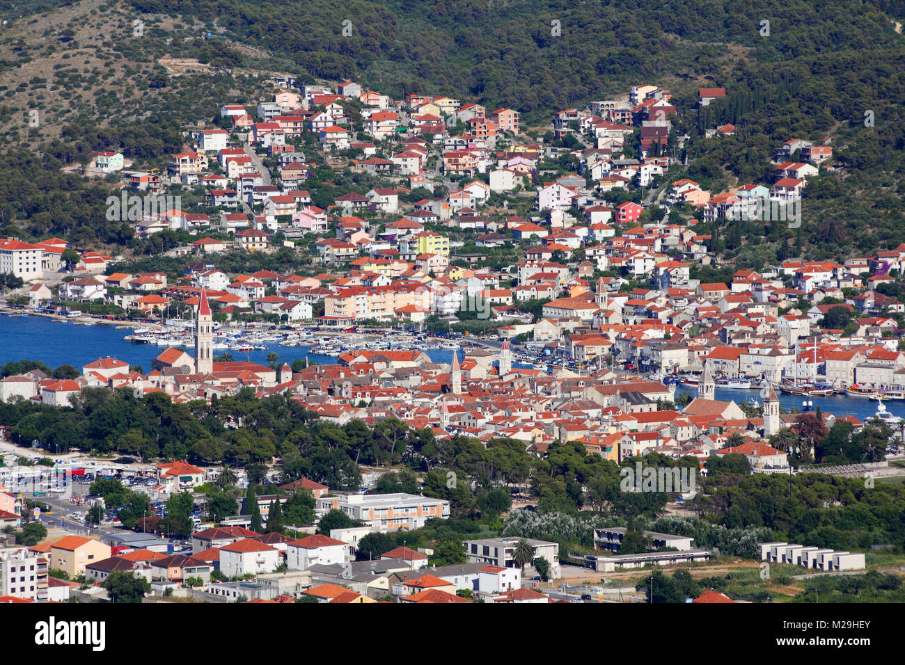 Croatia - aerial view of Trogir in Dalmatia (UNESCO World Heritage Site). Ciovo island in background. Stock Photo