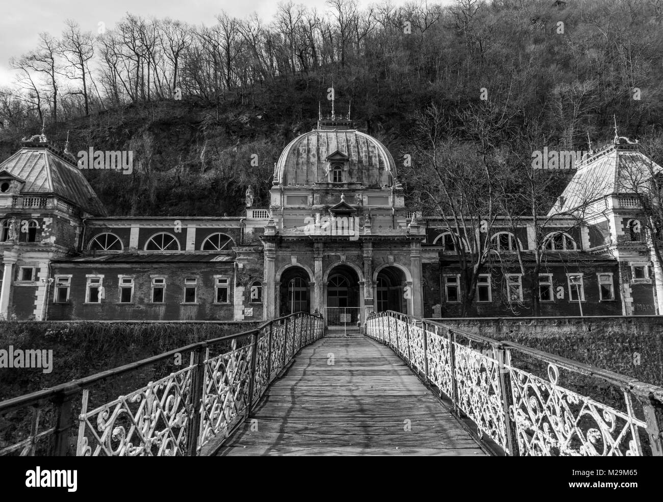 Baile Herculane, Romania - 01.01.2018: Black and white shot of the Imperial Baths and the bridge leading to them Stock Photo