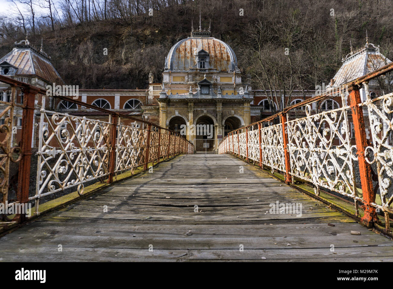 Baile Herculane, Romania - 01.01.2018: Closed bridge leading to the Neptune baths, once the spa retreat of Austrian nobility, today left in ruins. Stock Photo