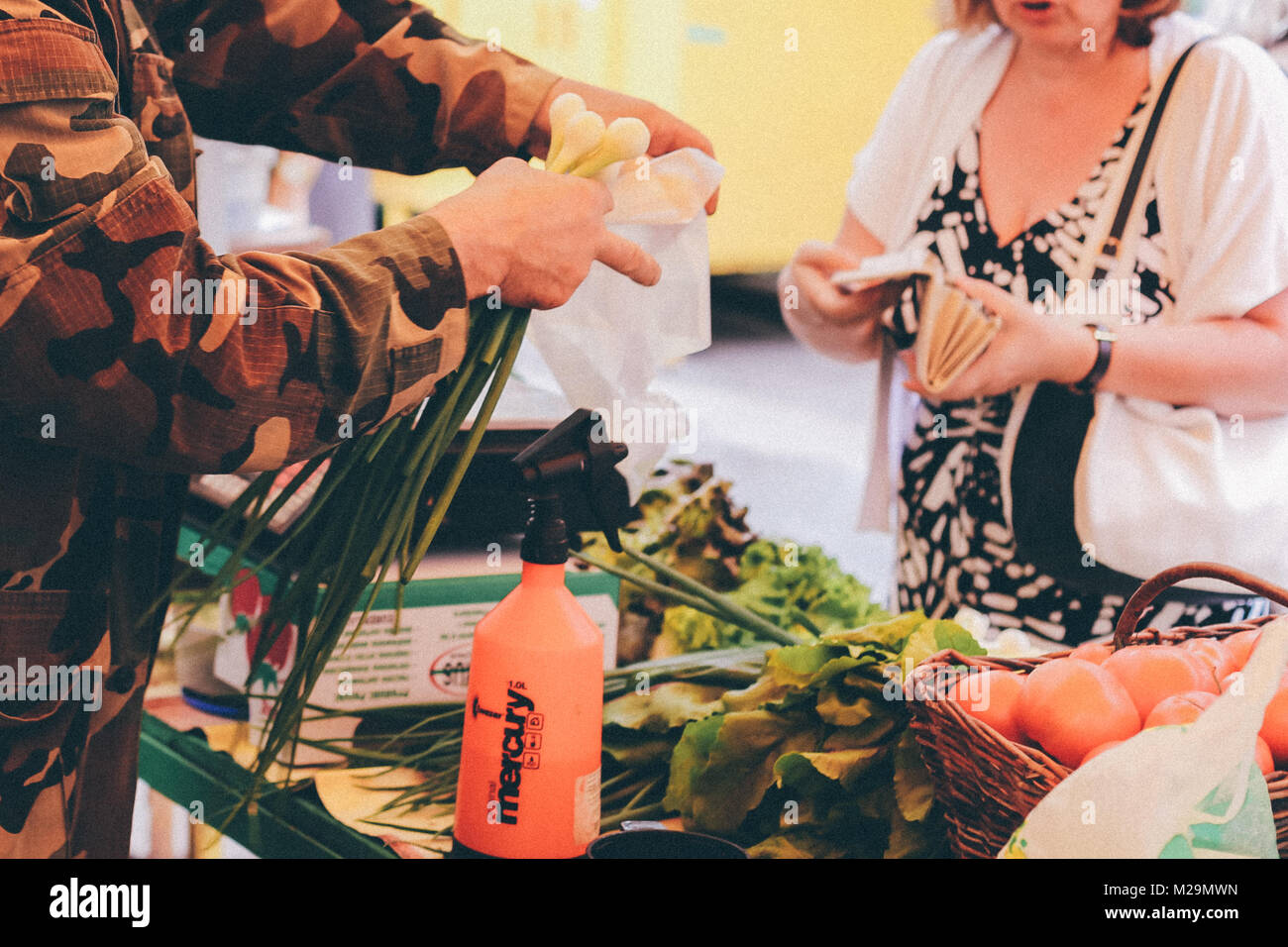 Local Farmers Market. Fresh produce: vegetables, berries, wild flowers. Older people buying groceries. Scales, crates, boxes. Vilnius, Lithuania. Stock Photo