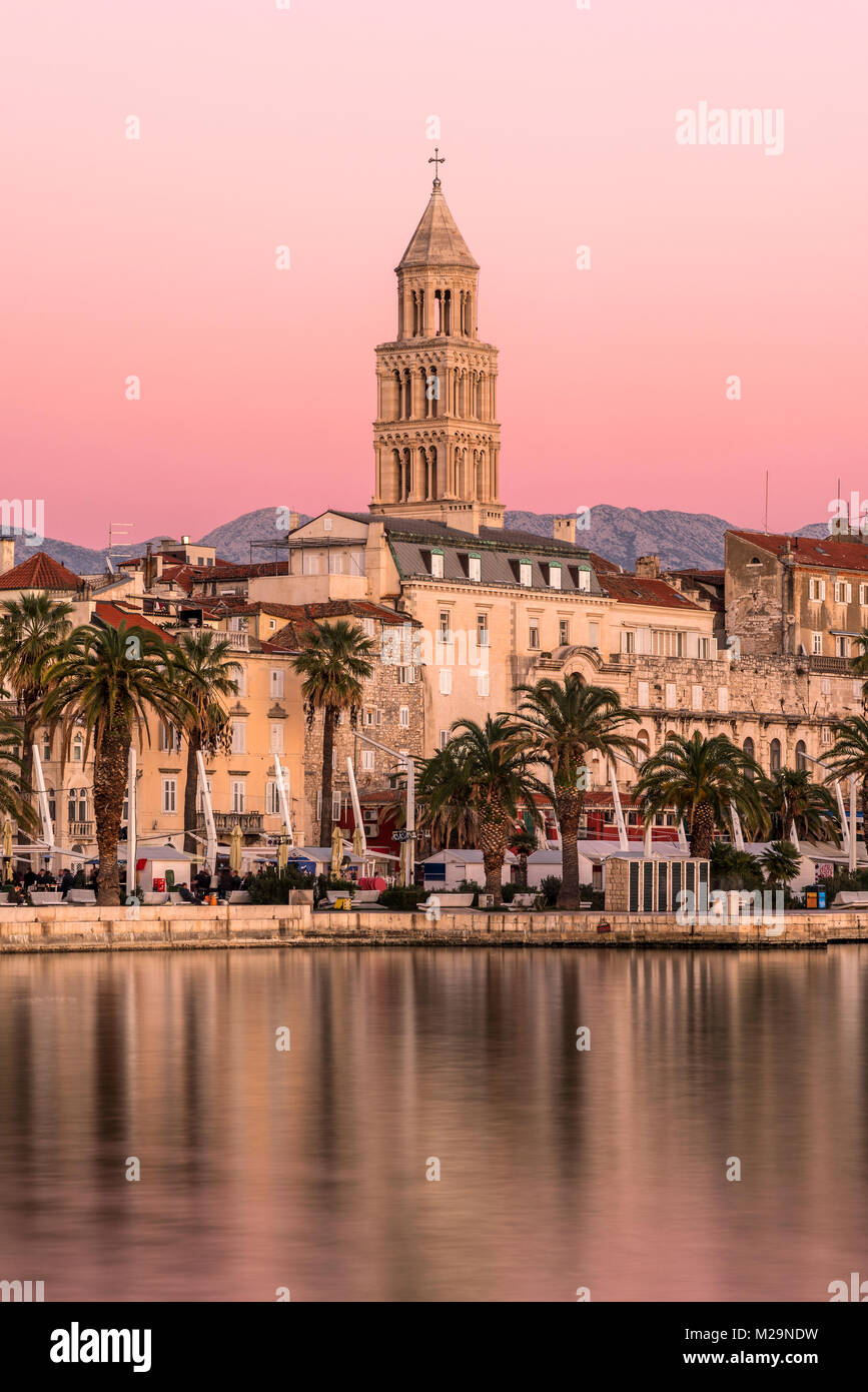 Waterfront with Cathedral of St. Domnius in the background at sunset, Split, Dalmatia, Croatia Stock Photo