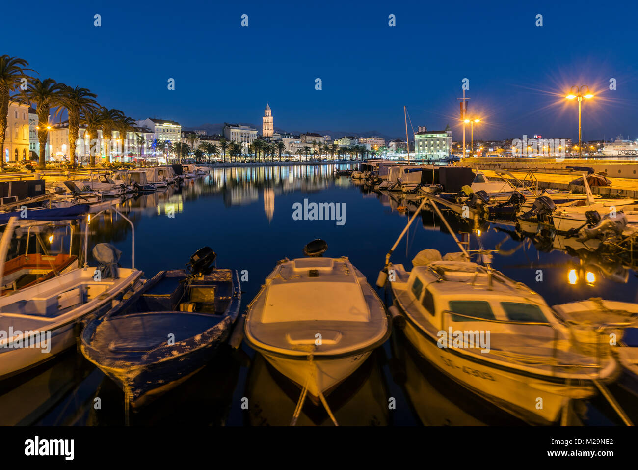 Waterfront and port with Cathedral of St. Domnius in the background, Split, Dalmatia, Croatia Stock Photo