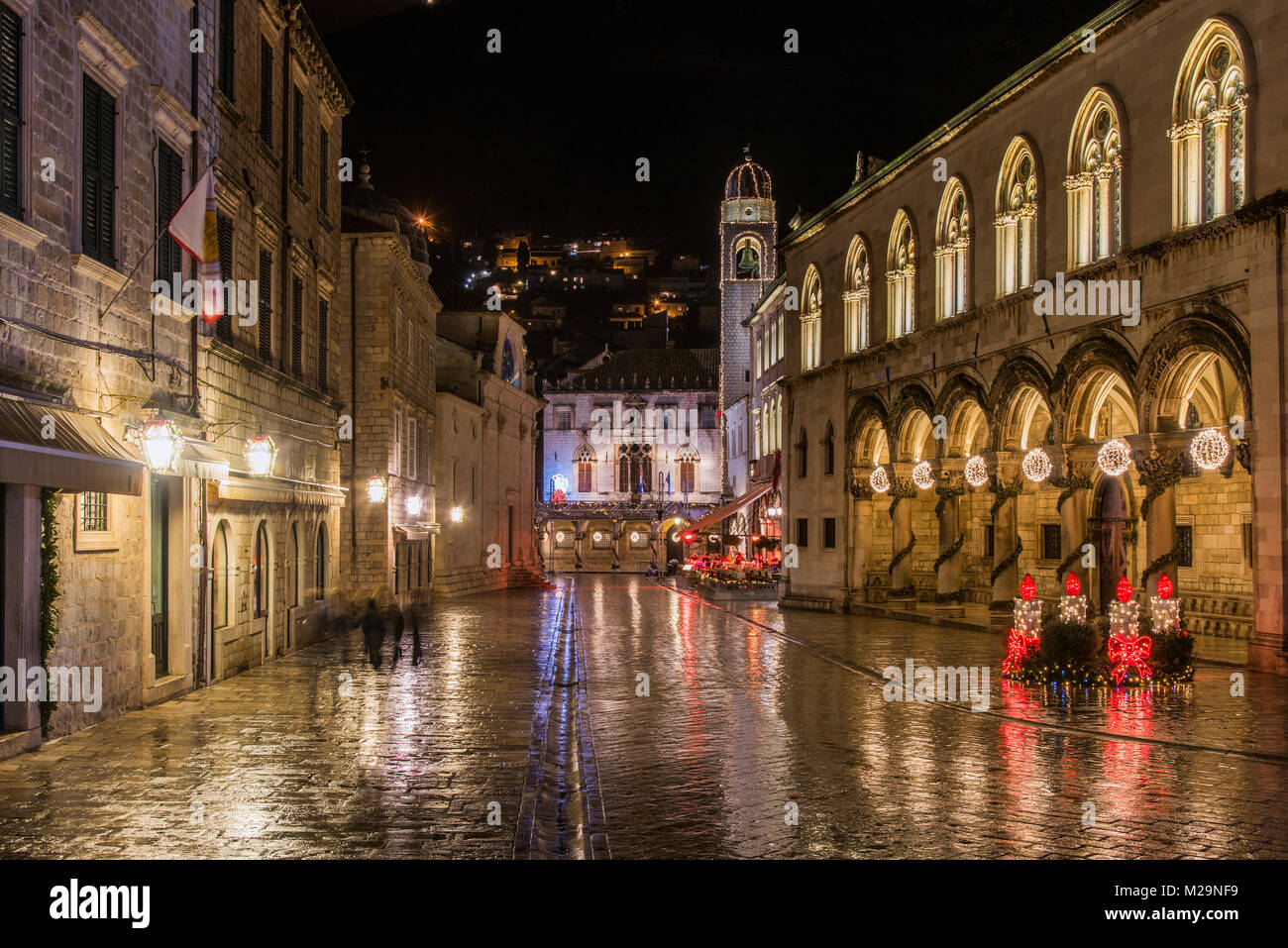 Night view of Rector's Palace adorned with Christmas lights and decorations and behind it the Sponza Palace, Dubrovnik, Croatia Stock Photo