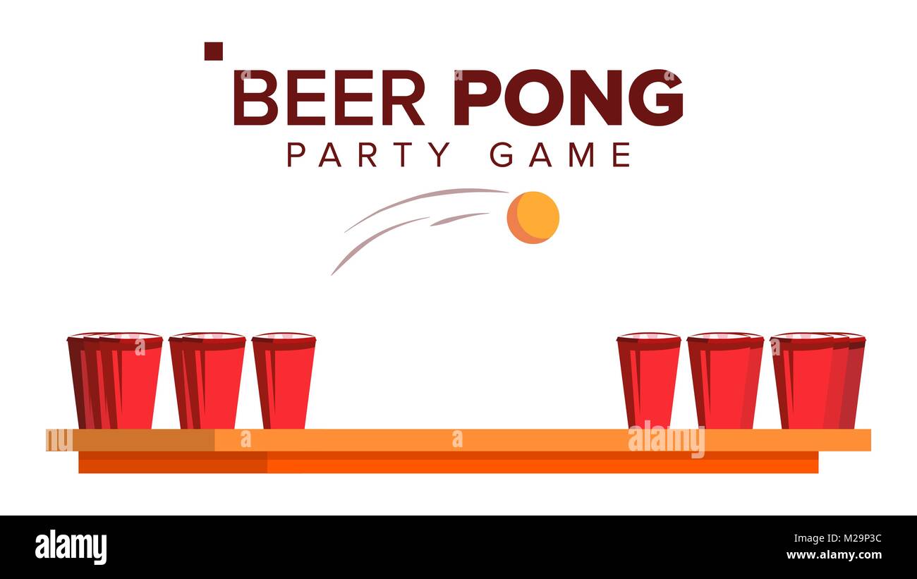 Beer Pong Game Vector. Alcohol Party Game. Red Cups And Ping Pong Ball