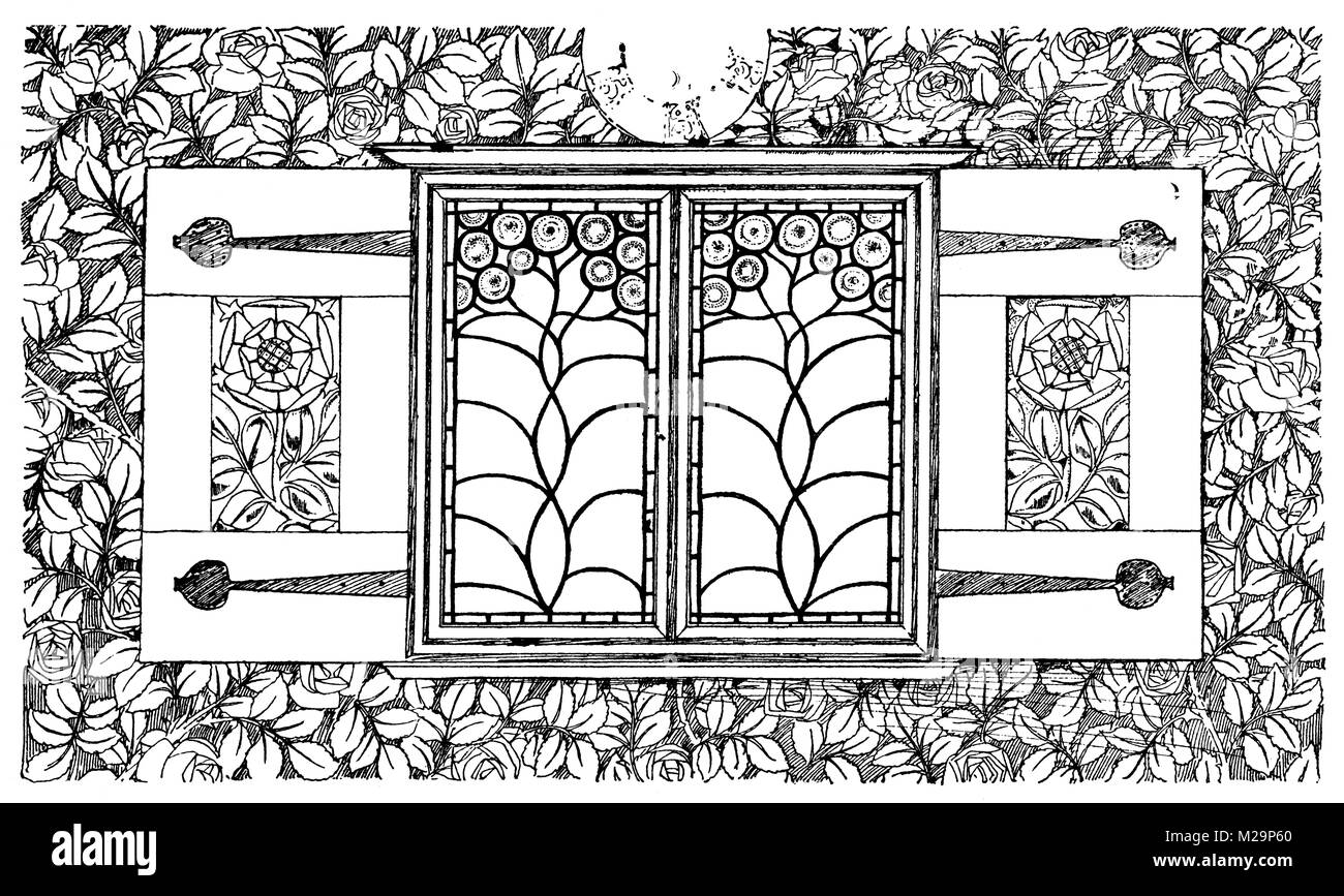 Window with ornamental shutters, line illustration by Architect and artist Mackay Hugh Baillie Scott from 1895 The Studio an Illustrated Magazine of F Stock Photo