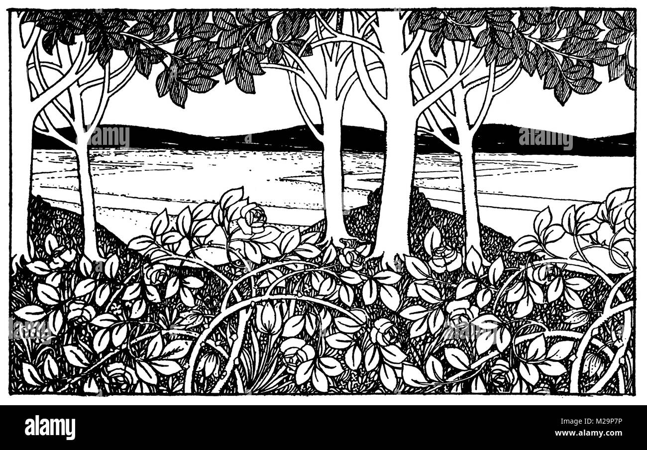 Landscape Frieze, ornamental line illustration by Architect and artist Mackay Hugh Baillie Scott from 1895 The Studio an Illustrated Magazine of Fine  Stock Photo