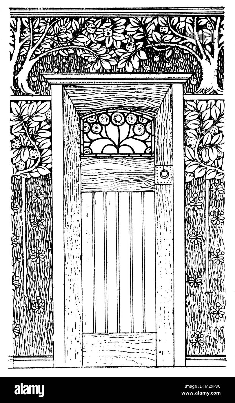 Bedroom door, arts and crafts line illustration by Architect and artist Mackay Hugh Baillie Scott from 1895 The Studio an Illustrated Magazine of Fine Stock Photo