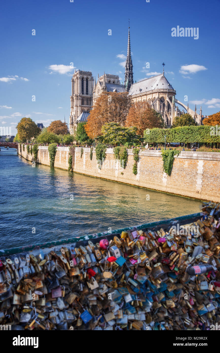 Love lockers on a bridge, Notre Dame de Paris and the river Seine, Paris, France Stock Photo