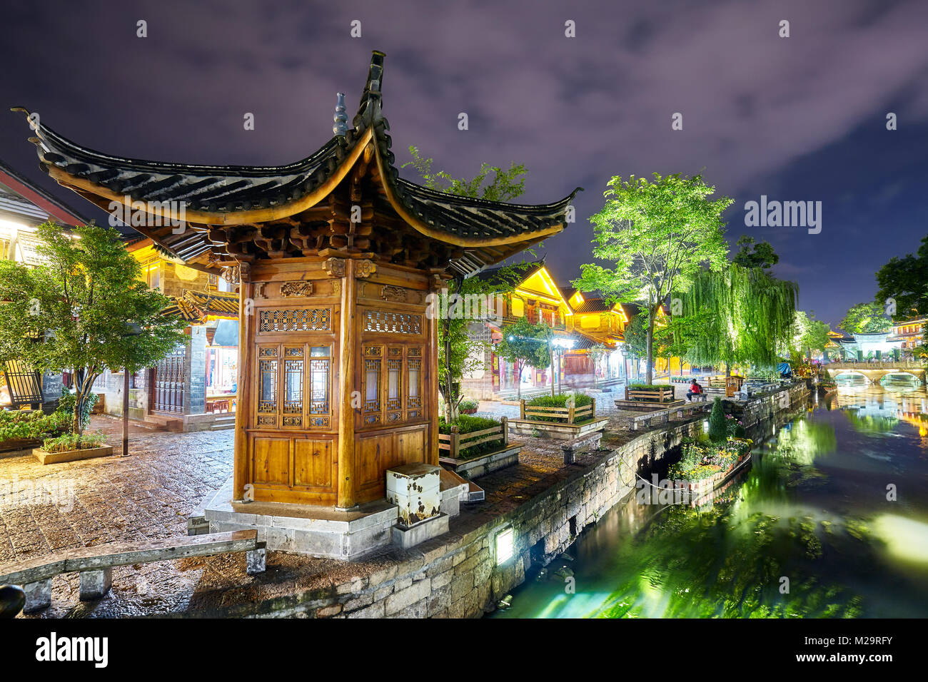 Old town of Lijiang at night. This historical center, also known as Dayan, was registered on the UNESCO World Heritage List in 1997, China. Stock Photo