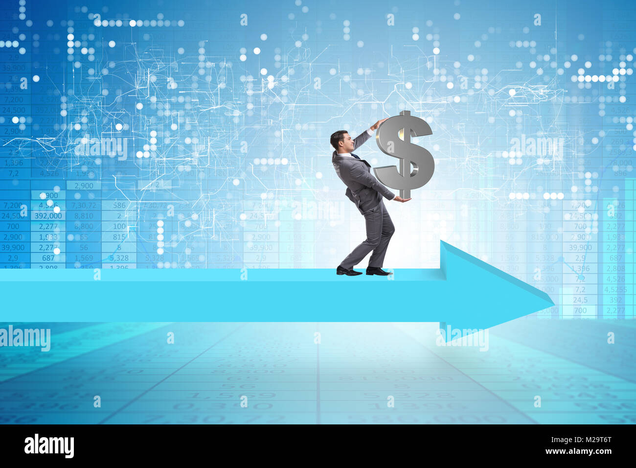 Businessman with dollar walking on arrow sign Stock Photo - Alamy
