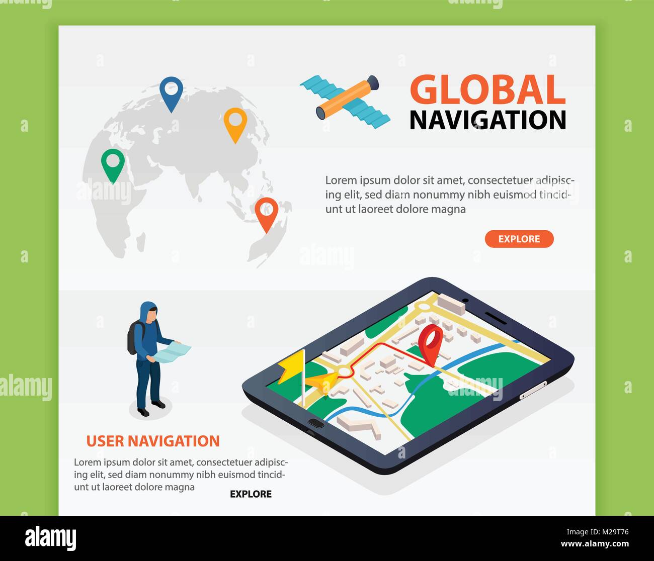 Flat 3d isometric mobile GPS navigation maps vector. World silhouette pin. Tablet with gps navigator. Stock Vector