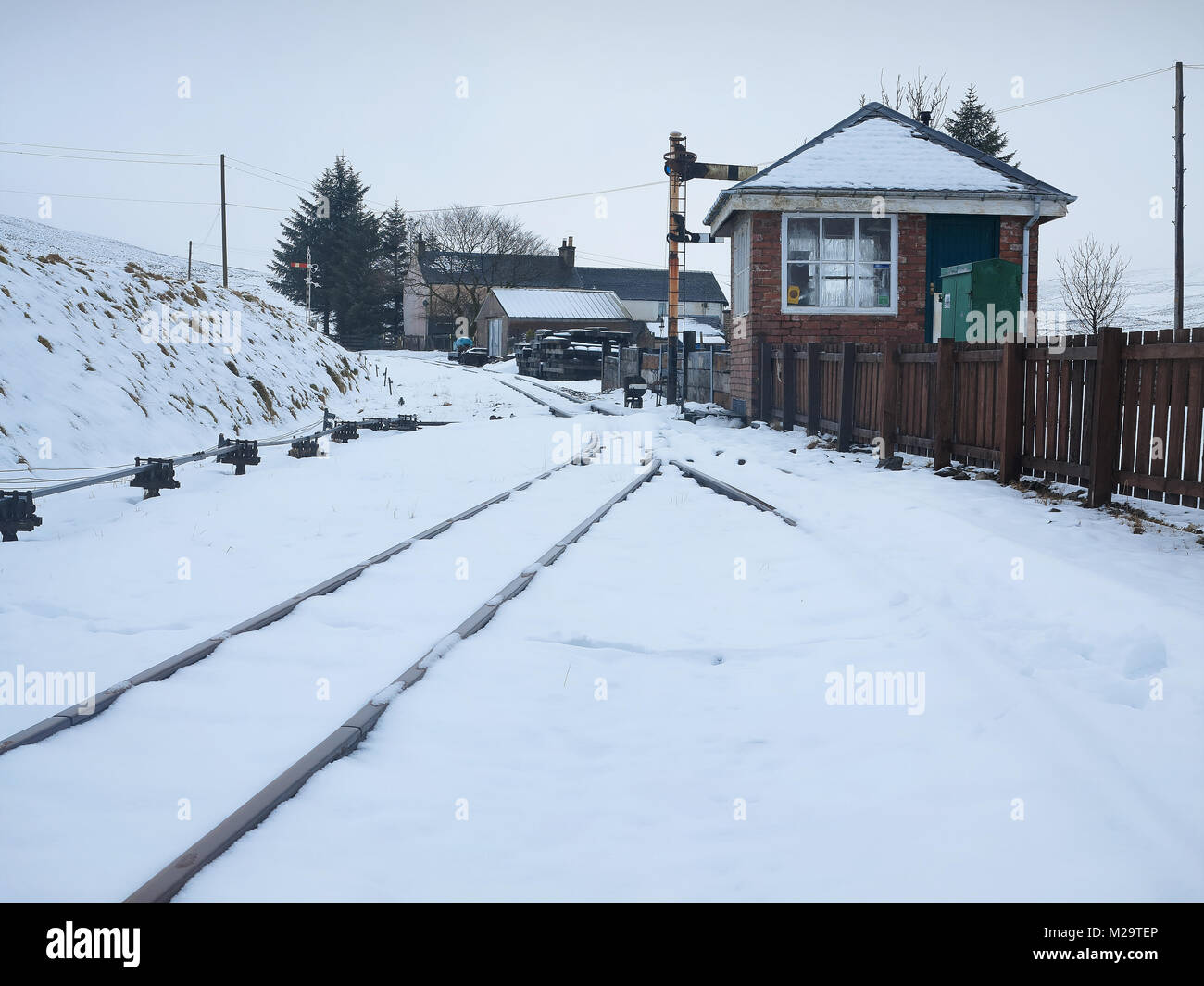 Snow on the tracks at Leadhills station, Lanarkshire Stock Photo