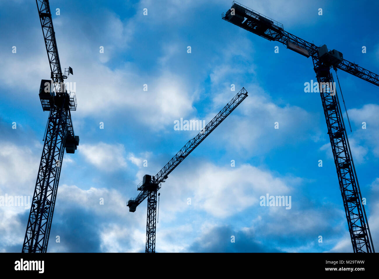 Three cranes from a low angle against the sky Stock Photo - Alamy