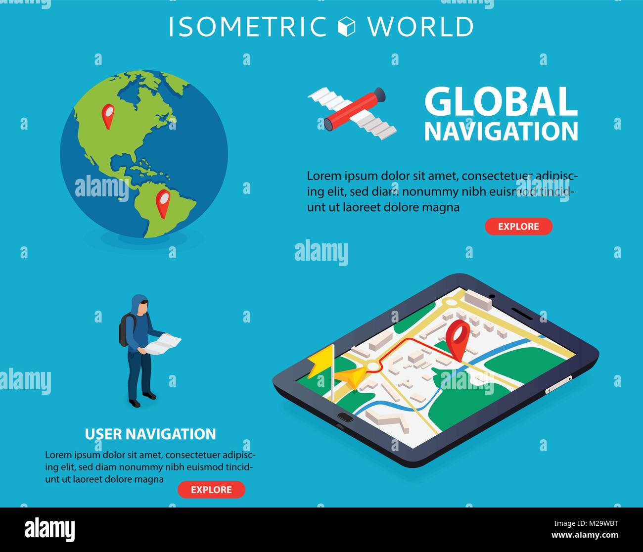 Flat 3d isometric mobile GPS navigation maps vector. World silhouette pin. Tablet with gps navigator. Stock Vector