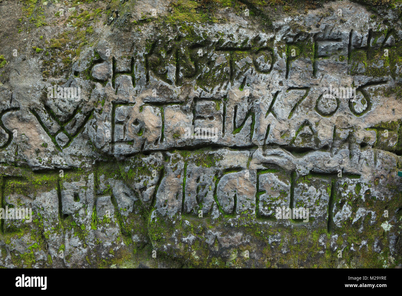 Inscription dated from 1706 carved in the rock in the Neurathen Castle (Felsenburg Neurathen) next to the Bastei Bridge (Basteibrücke) in Saxon Switzerland (Sächsische Schweiz) in Saxony, Germany. Stock Photo