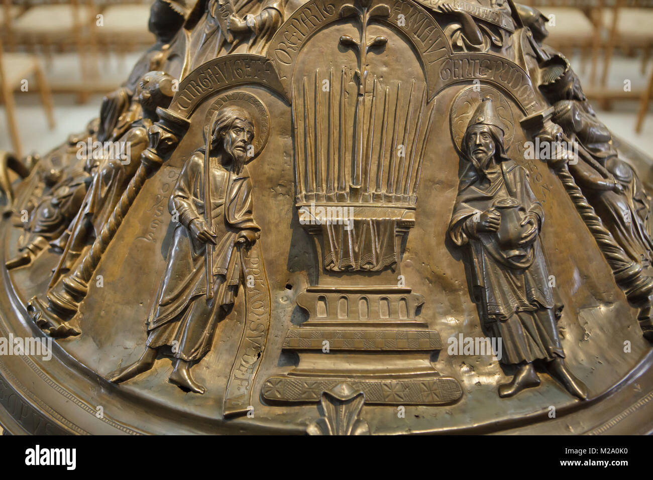Blossoming of Aaron's Rod. Romanesque relief on the cover of the bronze baptismal font (Bronzetaufe) from the 11th century in the Hildesheim Cathedral (Hildesheimer Dom) in Hildesheim in Lower Saxony, Germany. Stock Photo