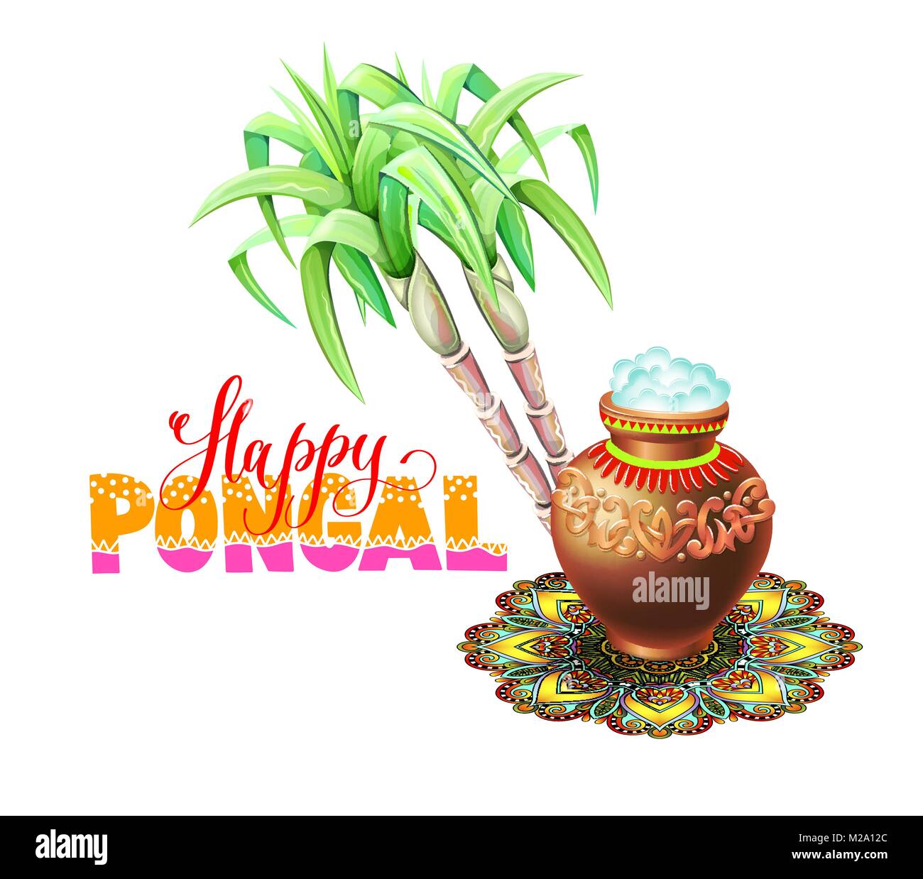 happy Pongal greeting card to south indian winter holiday design Stock Vector