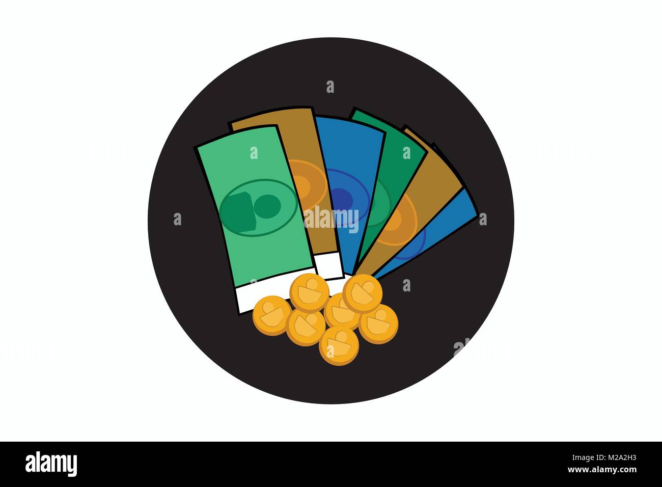 Cash icon, money icon, bill and coin icon, pay icon, symbol for pay, illustration of play money, schematic money, vector of bank notes and coins Stock Vector