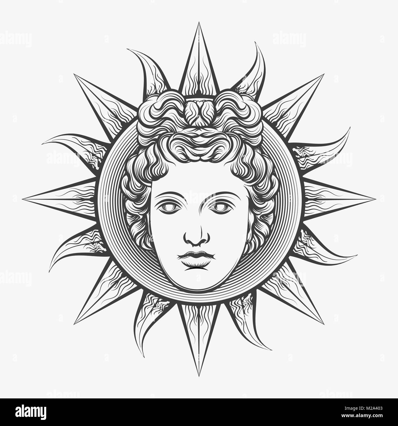 Apollo sun. Antique roman apollo sun face god engraving vector ...