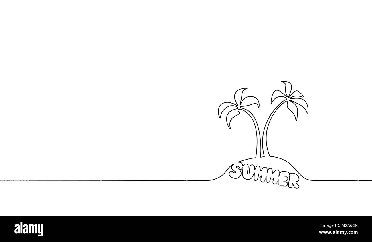 Single continuous line art coconut tree palm. Tropic paradise island landscape summer lettering design one sketch outline drawing vector illustration Stock Vector