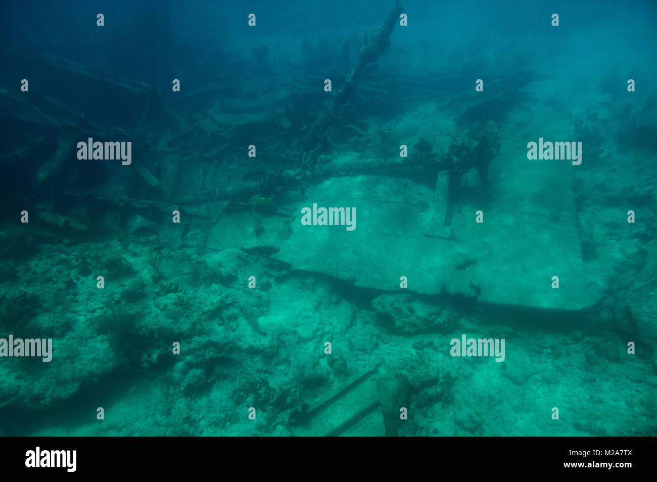 Shipwreck on bottom of caribbean sea. Old sunk ship parts Stock Photo