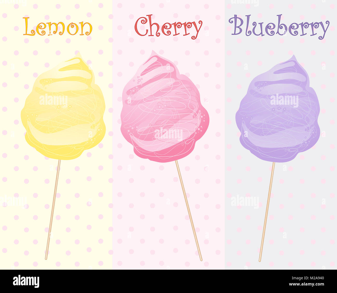 an illustration of cotton candy on sticks in fruity lemon cherry and blueberry flavors on a colorful background Stock Photo