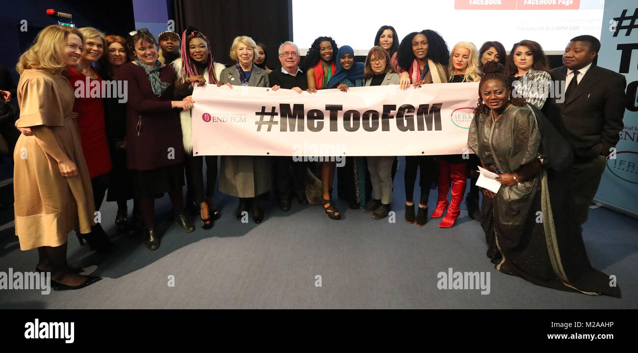Politicians and activists including Sabina Higgins, wife of President Michael D Higgins, join Ifrah Ahmed (centre) as she launches #MeTooFGM, a worldwide social media campaign against female genital mutilation (FGM), at the lighthouse Cinema in Dublin. Ms Ahmed, 29, was born in Somalia and survived the barbaric practice. Stock Photo