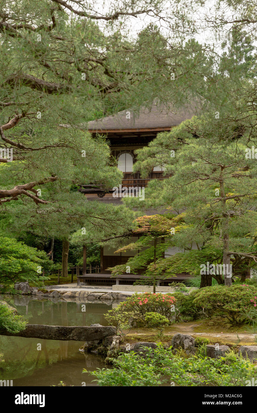 The pond and Kannon-den, the two storied main structure of Ginkaku-Ji, Kyoto, Japan Stock Photo