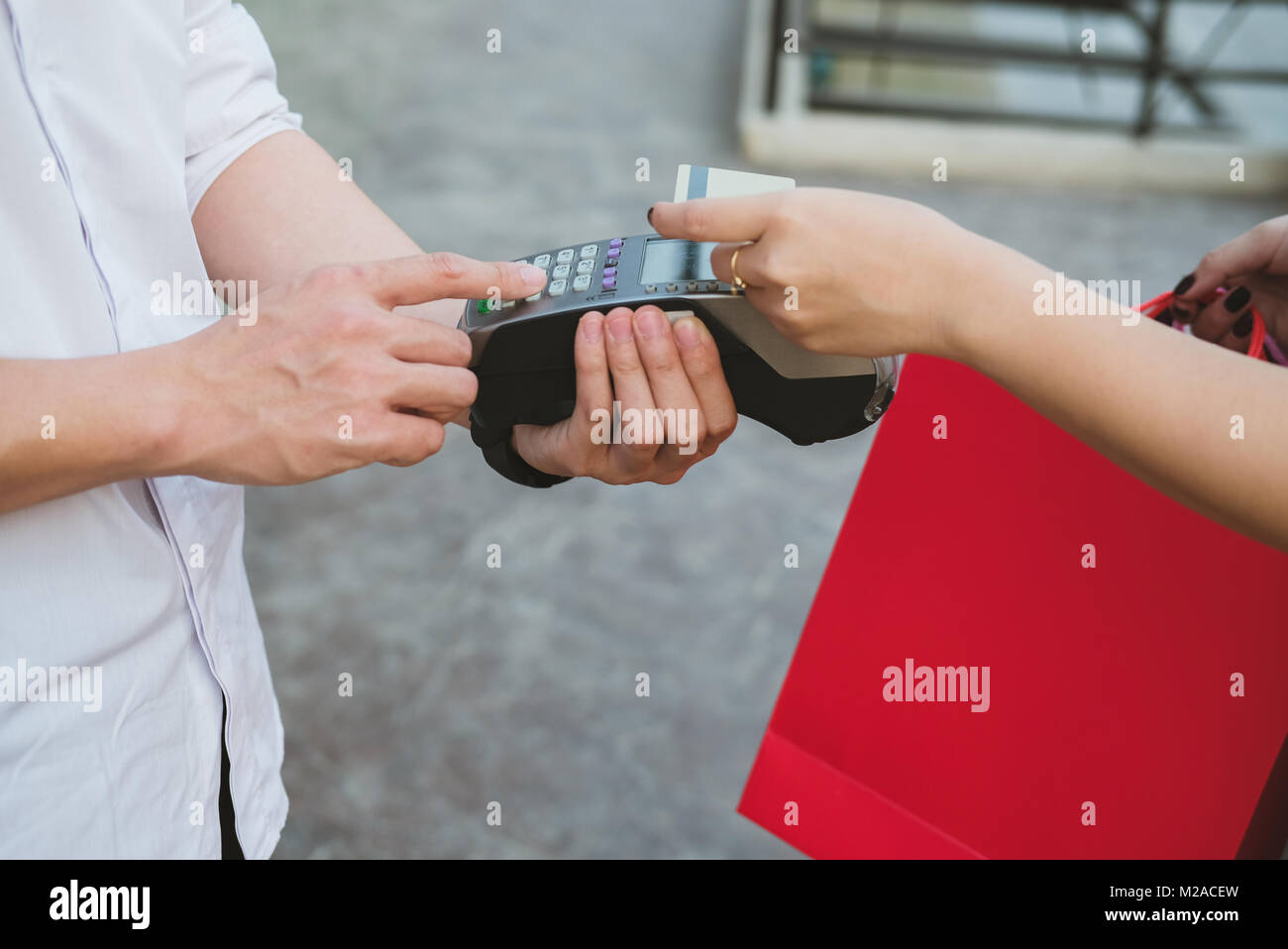 Man Make Payment With Credit Card Swipe Through Terminal Customer Paying Entering Code With Edc Or Swiping Machine Buy And Sell Product Or Service Stock Photo Alamy