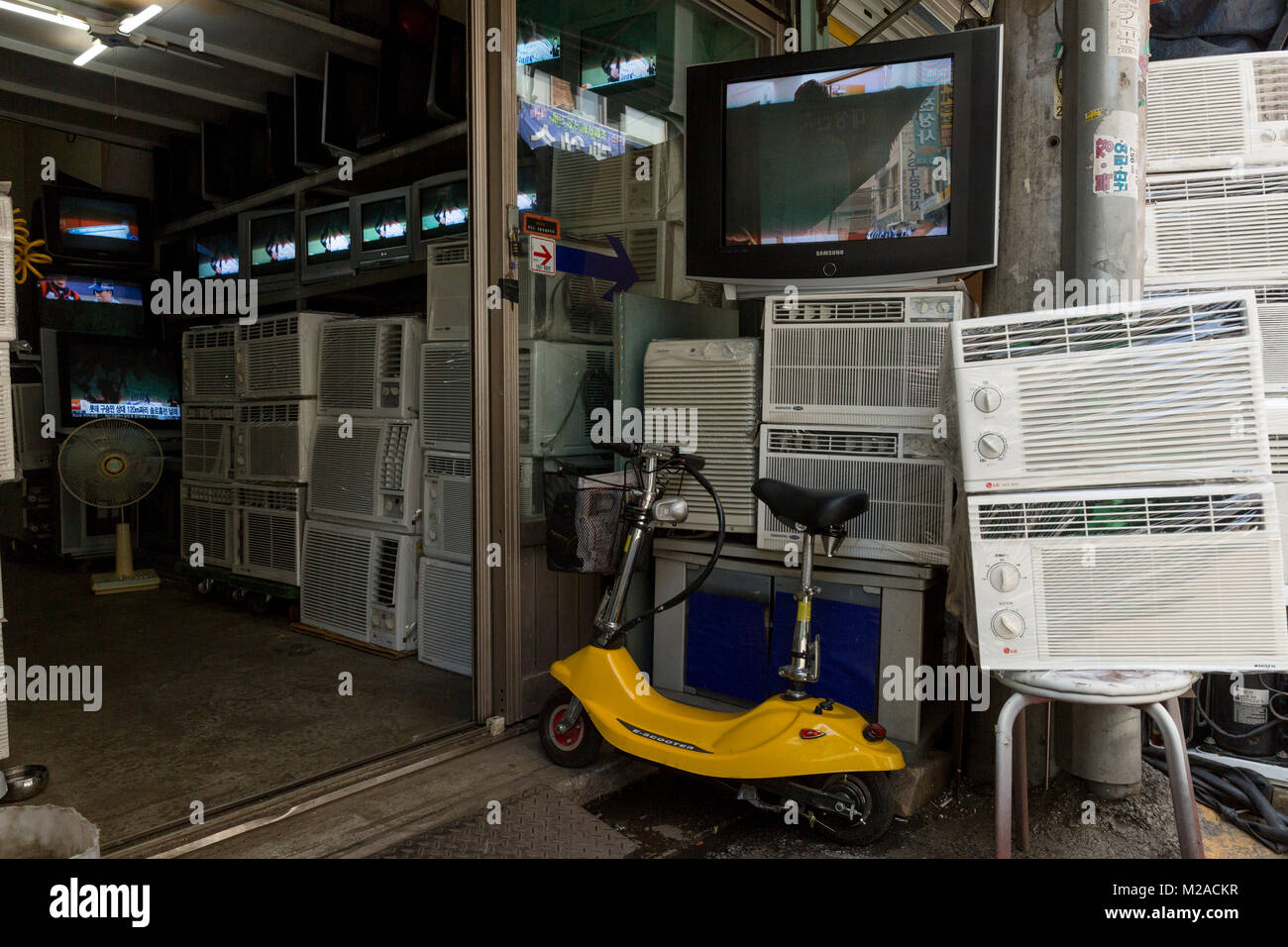 Fans and air conditioning systems for sale at Hwanghakdong Flea Market