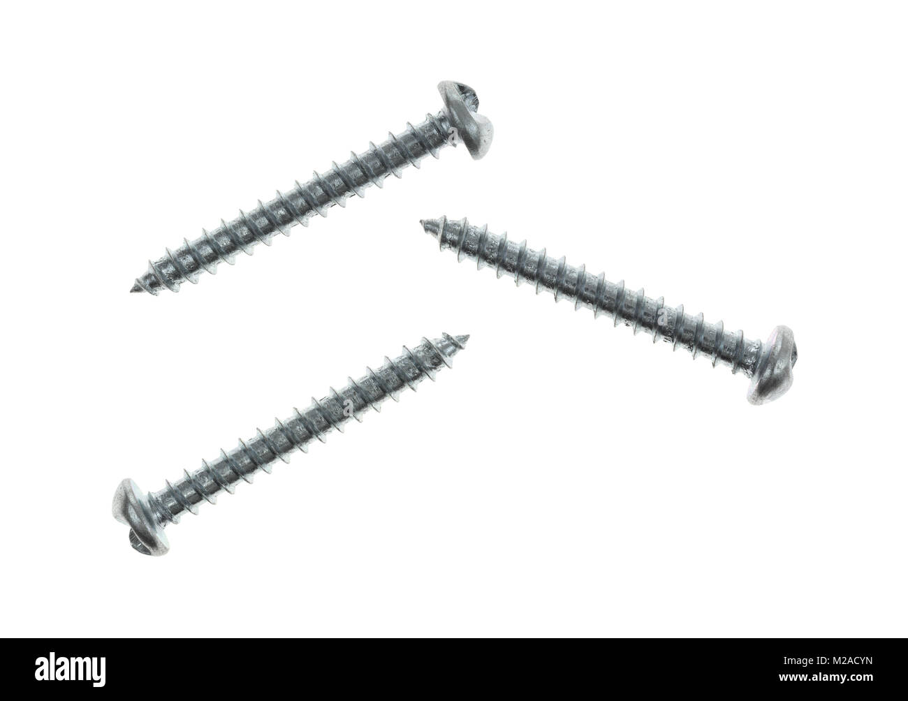 Top view of three round head tamper proof sheet metal screws isolated