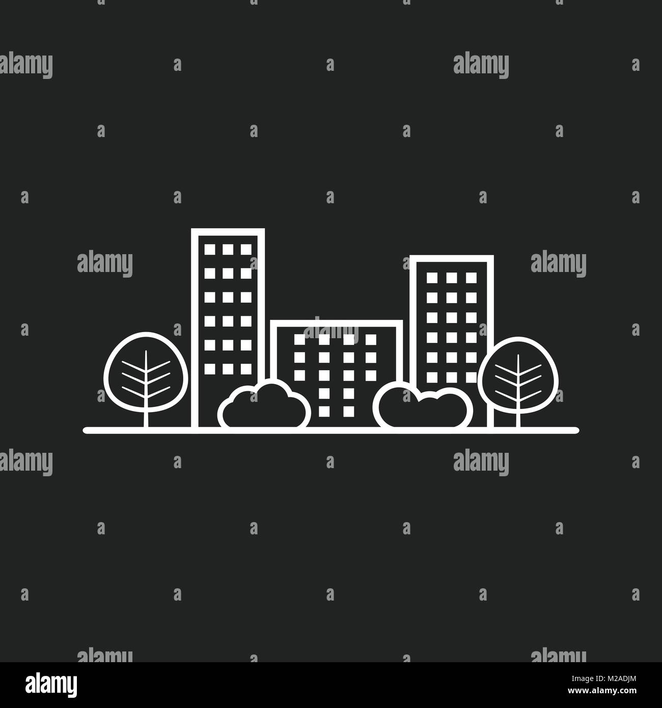 Vector city illustration in flat style. Building, tree and shrub on ...