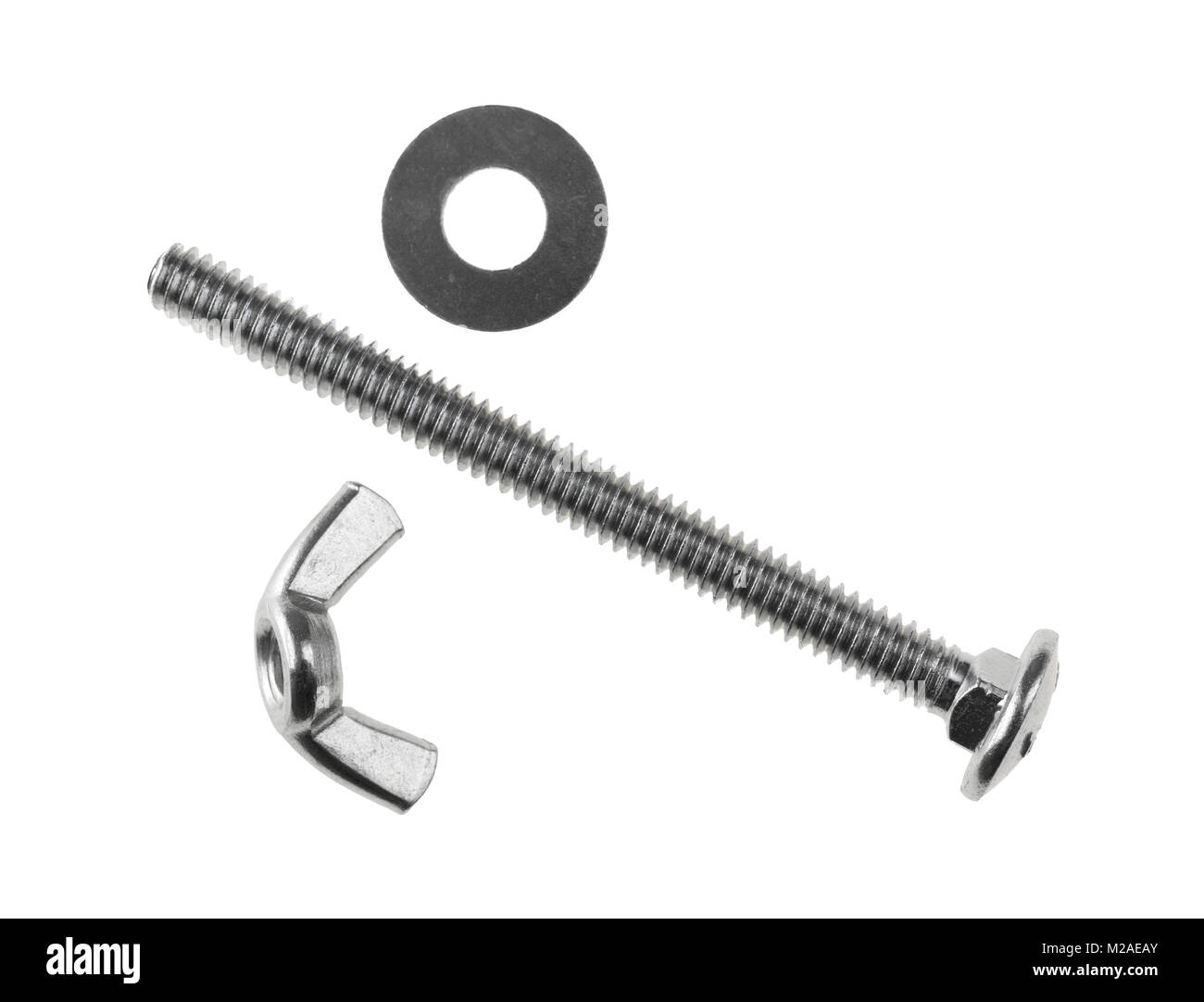 Top view of an unassembled wing nut, bolt and washer isolated on a