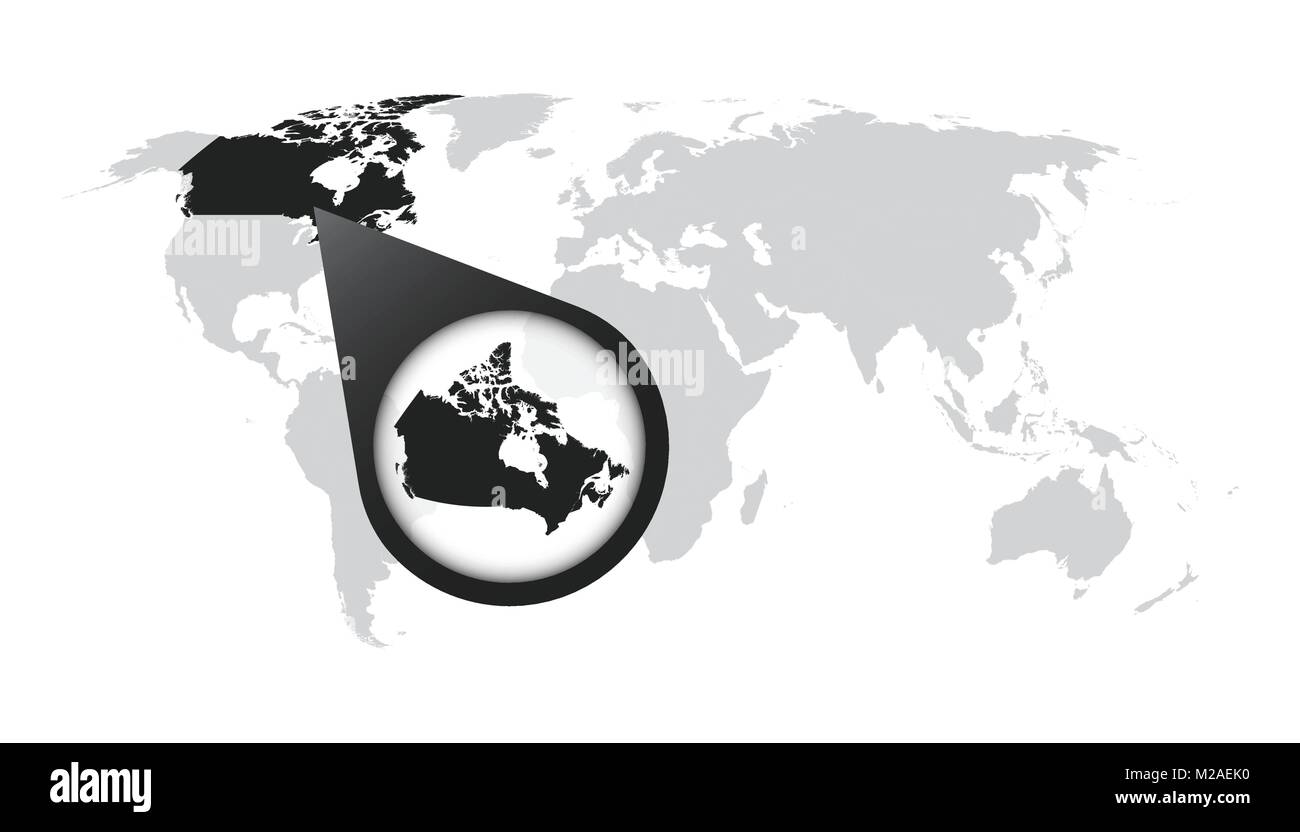 World map with zoom on Canada. Map in loupe. Vector illustration in flat style Stock Vector