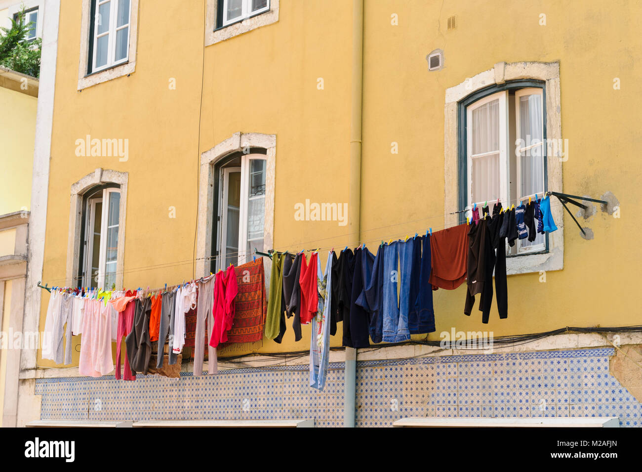 Clothes drying on washing line, Lisbon, Portugal Stock Photo