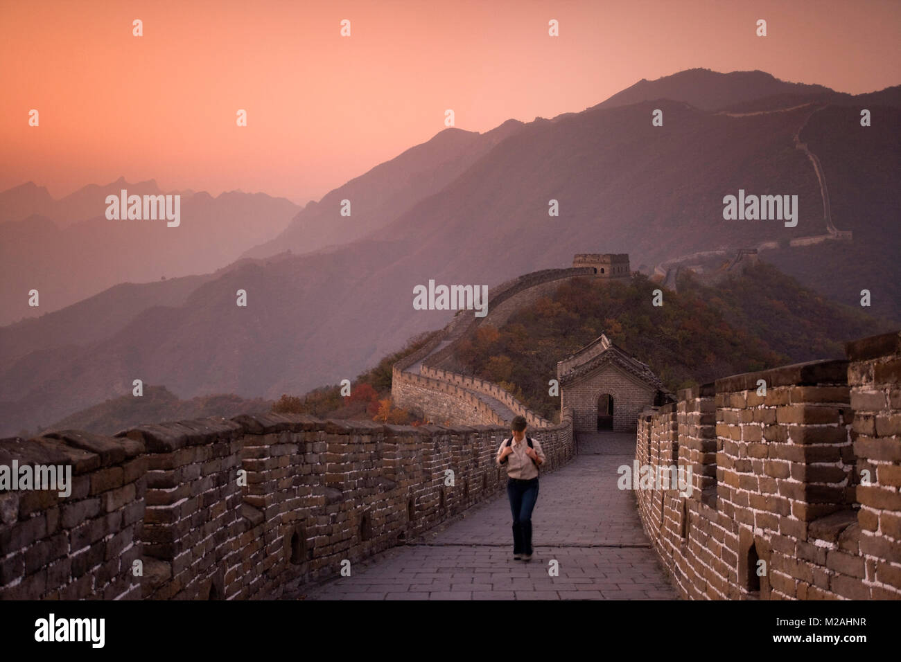 China. Mutianyu, near Beijing. The Great Wall. UNESCO World Heritage site. Tourist hiking. Stock Photo