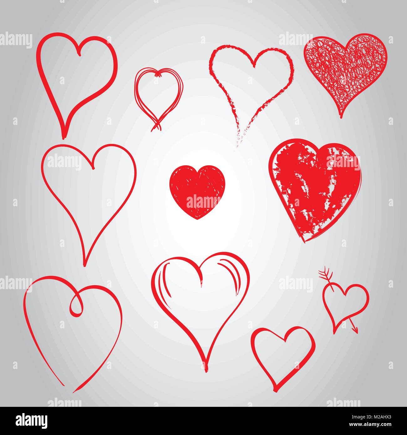 Hearts icon set. Love hand drawn vector illustration on gray background ...