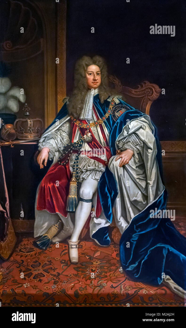 George I. Portrait of King George I of Great Britain (1660-1727) by the studio of Godfrey Kneller, oil on canvas, 1727 Stock Photo