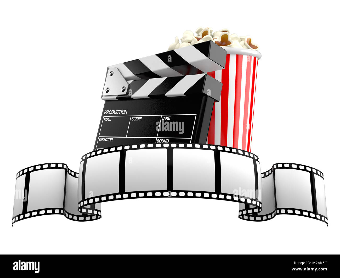 Popcorn and film slate with film strip isolated on white background ...