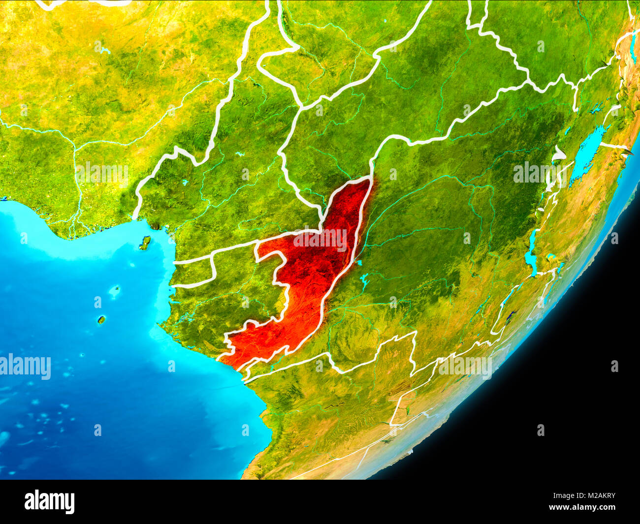 Map of Congo in red as seen from space on planet Earth with white ...