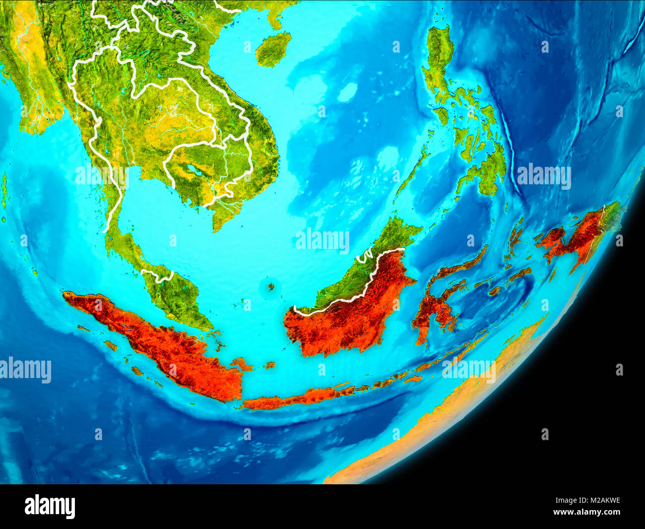 Map of Indonesia in red as seen from space on planet Earth with white borderlines. 3D illustration. Elements of this image furnished by NASA. Stock Photo
