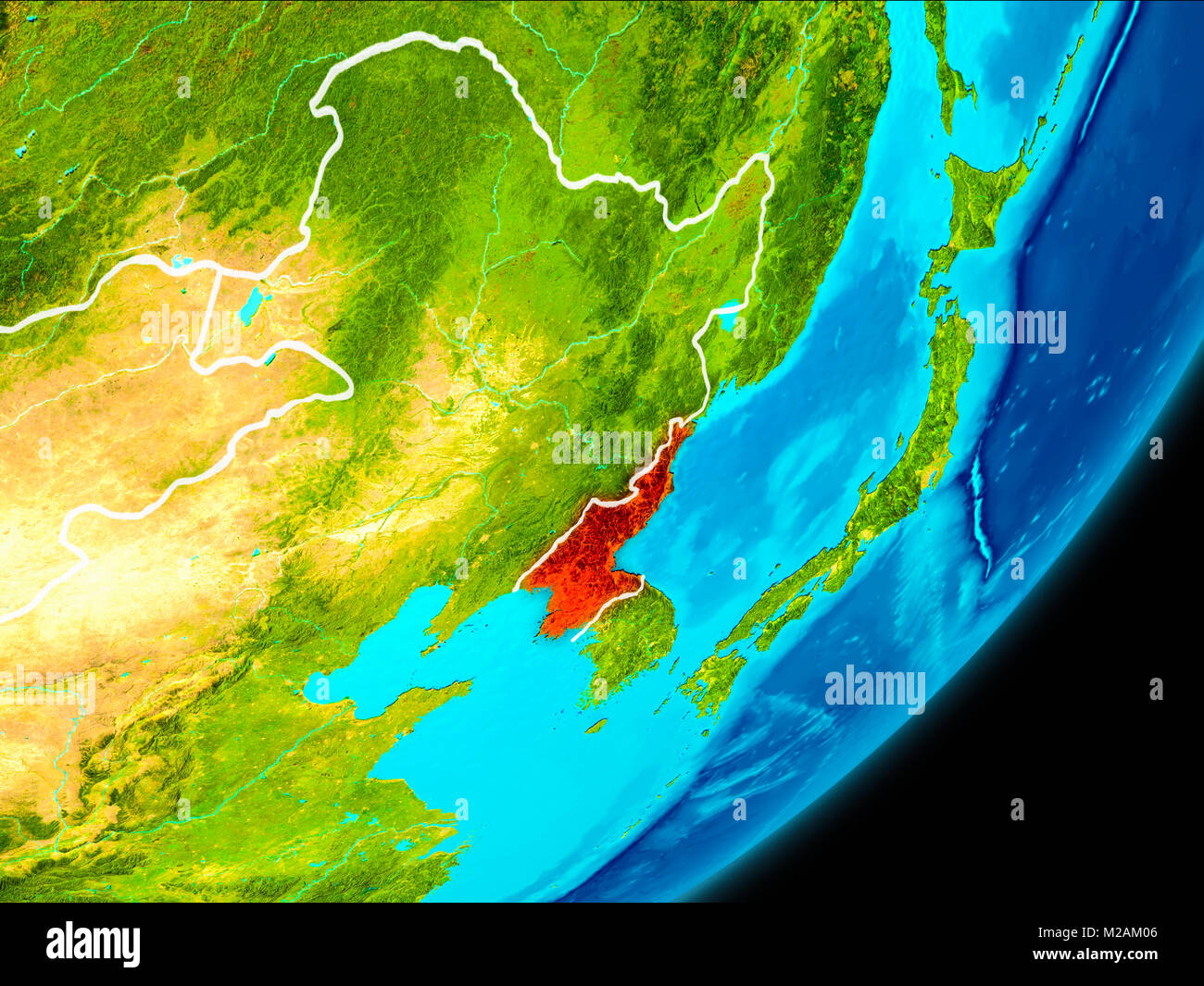 Map of North Korea in red as seen from space on planet Earth with white ...