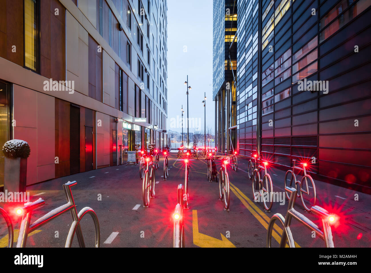 Bicycle racks in the barcode district, a new business district in central Oslo Norway Stock Photo