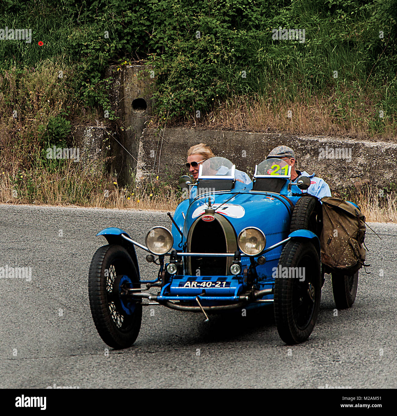 BUGATTI T 37 in nidentified crew on an old racing car in rally Mille ...