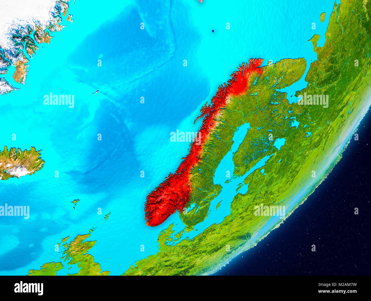 Map of Norway as seen from space on Earth. 3D illustration. Elements of this image