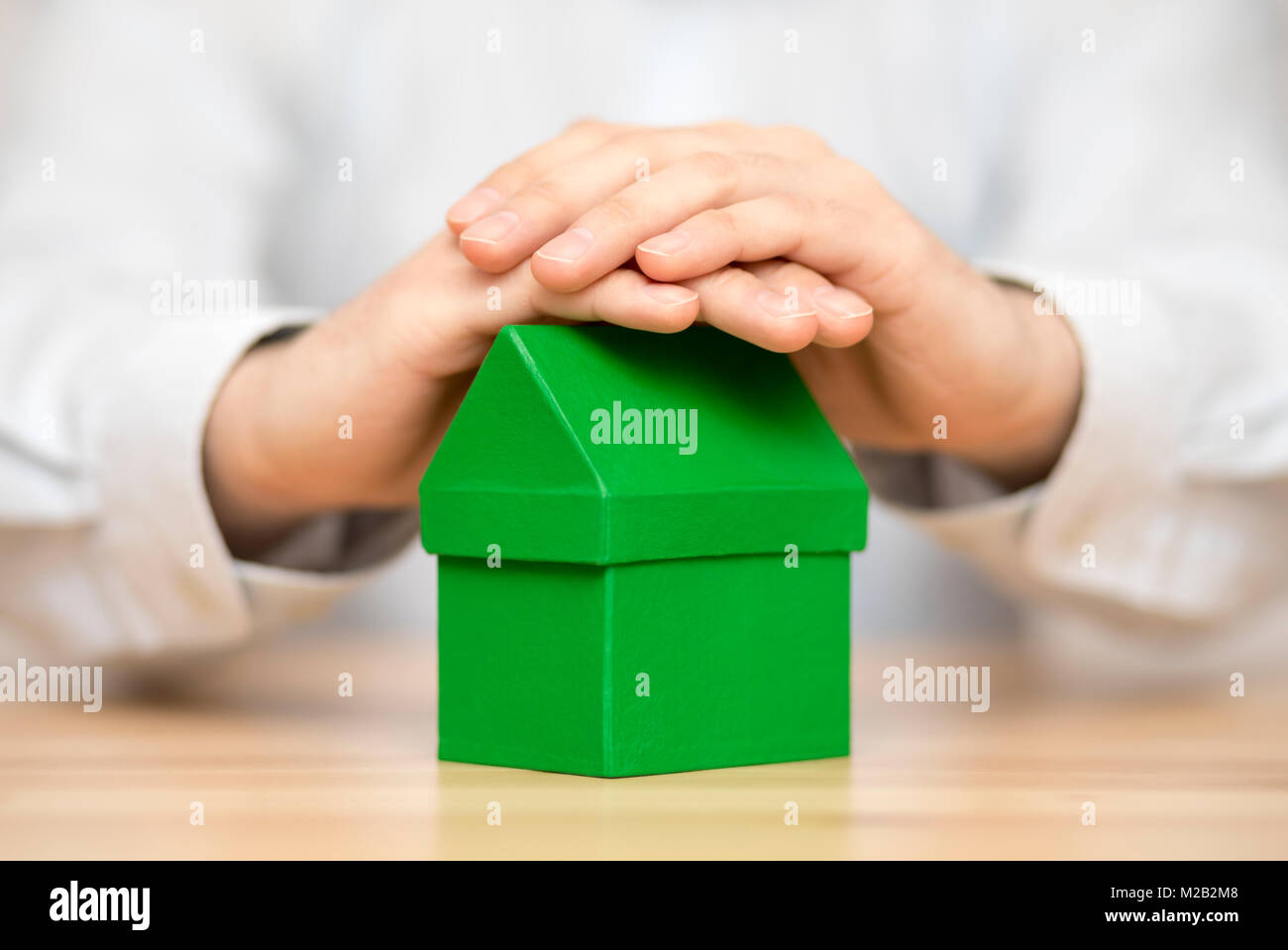 Small green house protected by hands Stock Photo